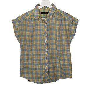 Vintage 80s Pastel Blue Yellow Plaid Button Down Blouse Shirt Chic H.I.S. Large